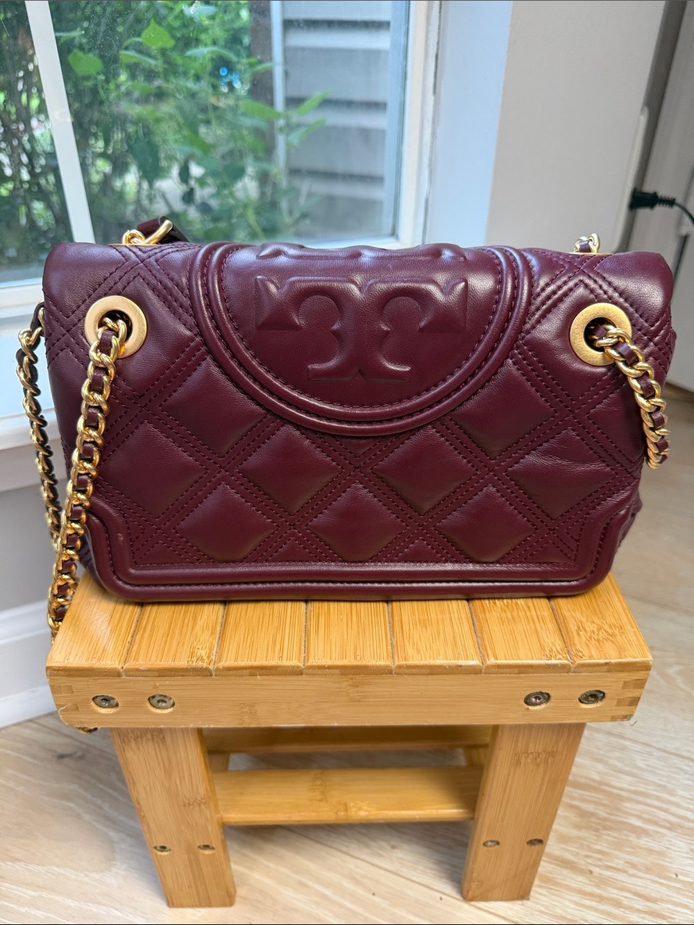 Tory Burch Quilted Leather Shoulder Bag in Burgundy with Gold Chain